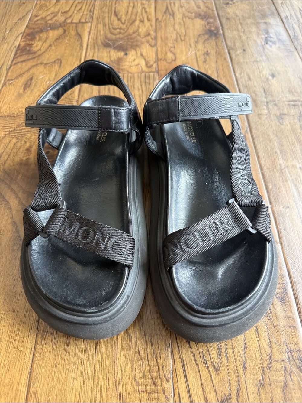 Moncler Black Platform Leather Sandals with Branded Webbing